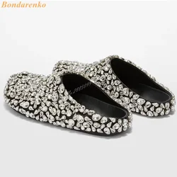 Stud Gem Slip On Sandals Women Sexy Shoes Round Toe Flat With Rhinestone Summer Designer Casual Shoes Party Big Size Customized