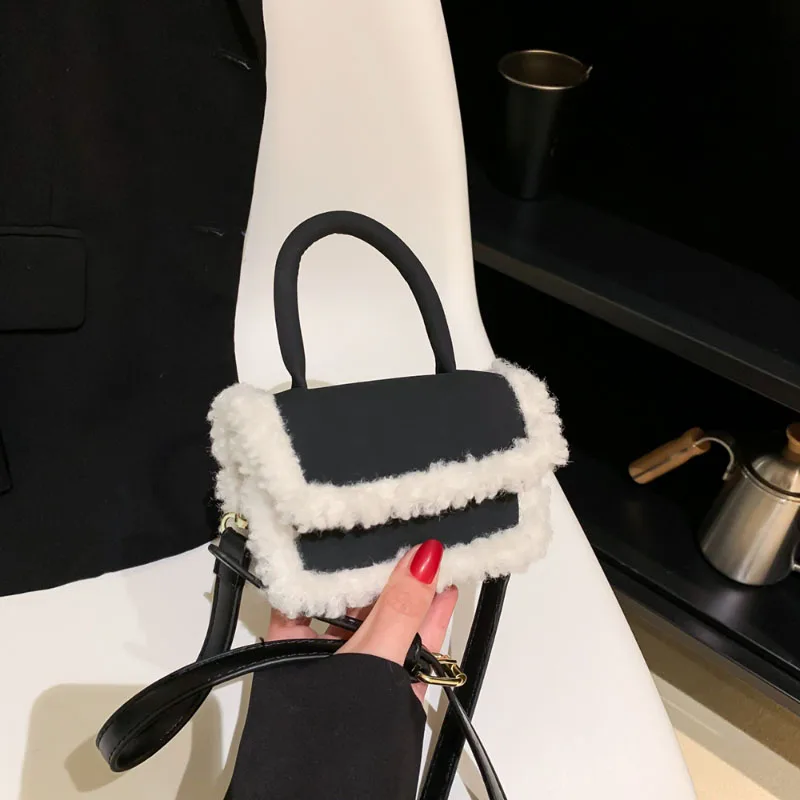 Mini Lamb Wool Splice Crossbody Bag Fashion Korean Faux Suede Portable Small Square Bag Autumn Winter Women New Texture Handbag