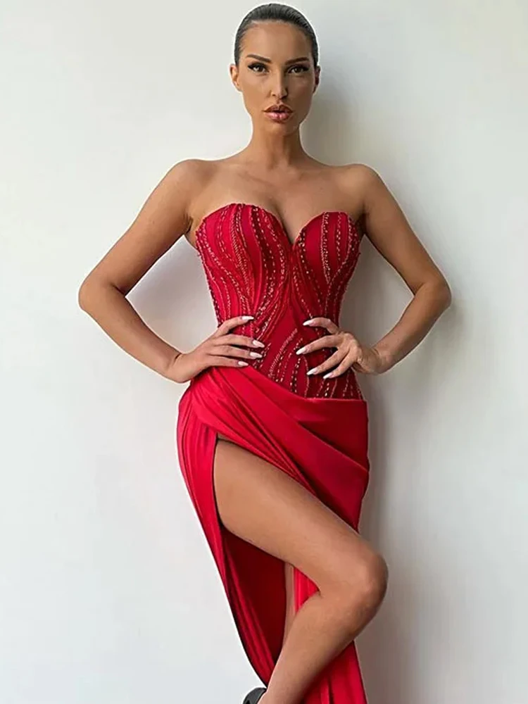 Vestidos De Noche rojos sin tirantes personalizados, vestido De baile sin mangas con cuentas sexys De lujo, vestido De fiesta elegante, batas De Soirée Retro 2024