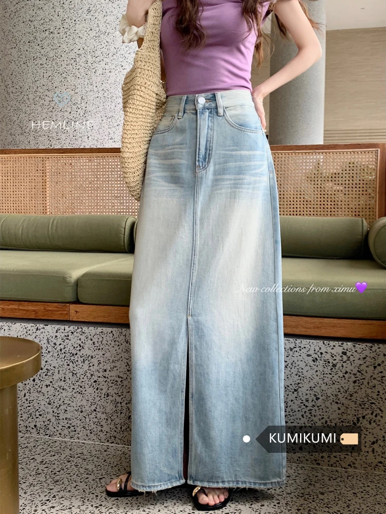 

Women's Blue A-line Denim Skirt Vintage 90s Aesthetic Y2k Long Cowboy Skirt Harajuku Korean Emo Jean Skirt 2000s Clothes Summer