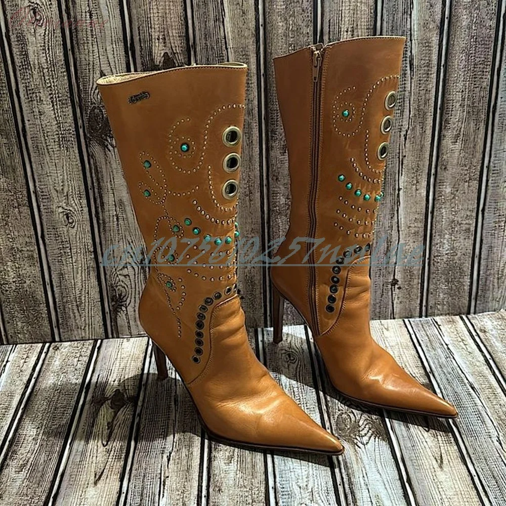 รองเท้าบูทคริสตัลสีน้ำตาลแบบกลวงทรงกลม ส้นเข็มสูงสไตล์เรโทร สำหรับงานปาร์ตี้ รองเท้าผู้หญิงเซ็กซี่ ปี 2026 Zapatos Para Mujere