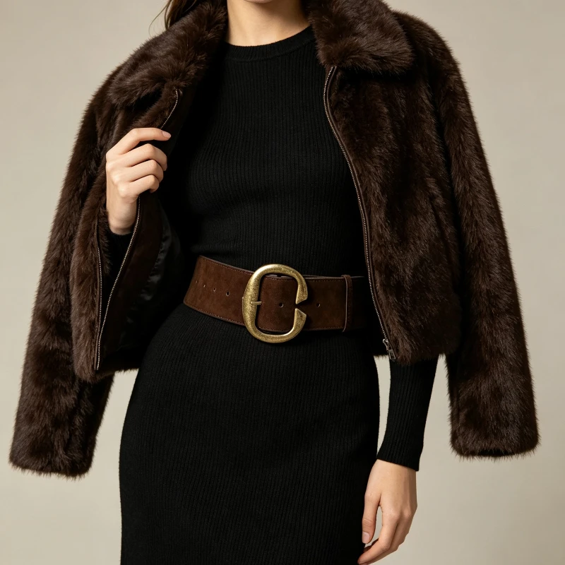 Autumn and Winter Versatile Belt Coat  Vintage Distressed Matte Velvet Leather Waist Cincher for Women Belt