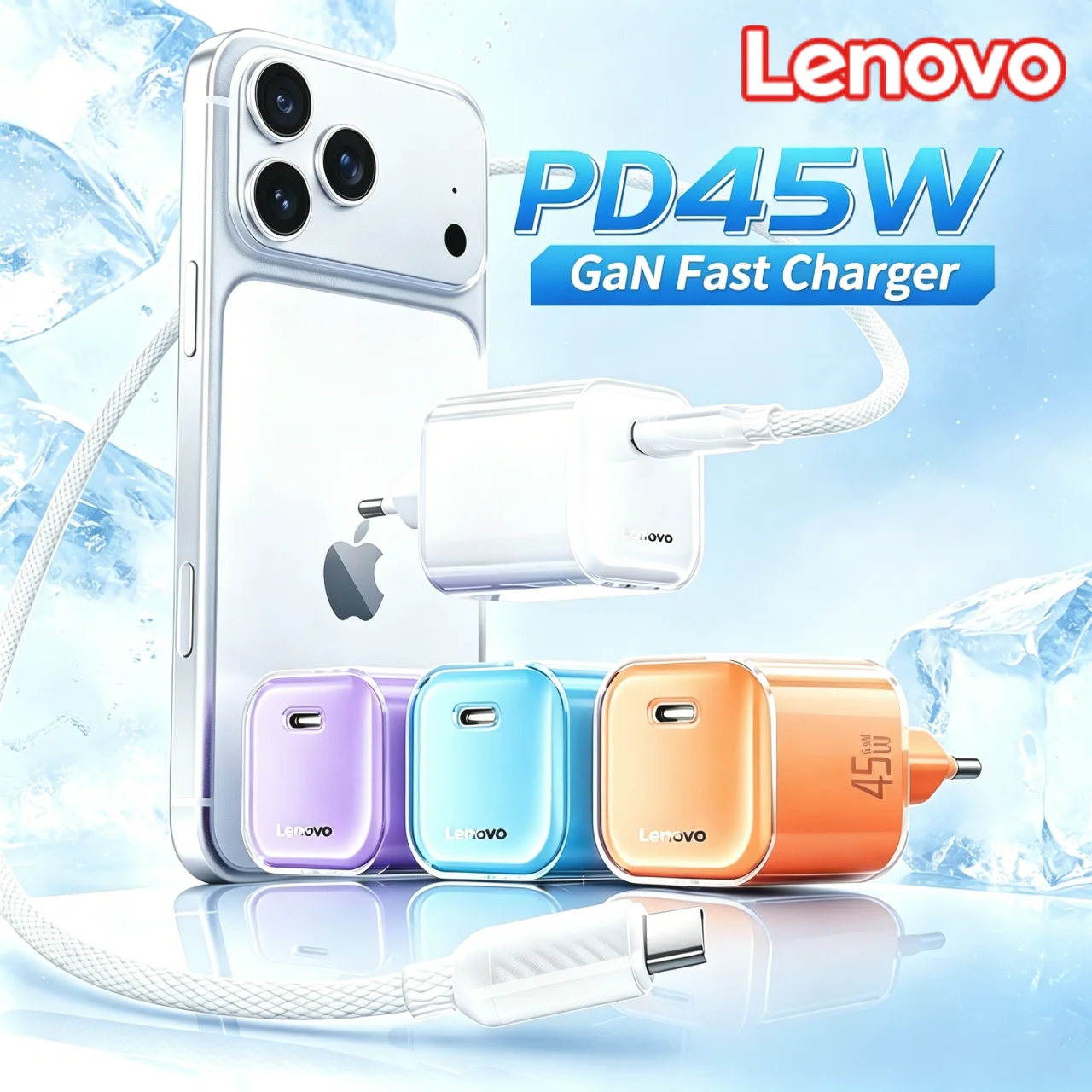 Cargador GaN Lenovo de 45W con Carga Rápida PD + Cable, Compatible con iPhone 17/16 Pro/15 Max/14 Plus, Enchufe de Carga Rápida de 45W