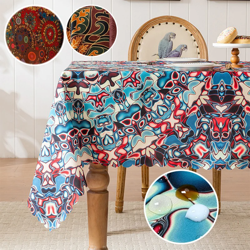 Retro Romantic Bohemian Tablecloth with Tassels Waterproof Dustproof Machine Washable for Kitchen Dining Coffee Table Decor