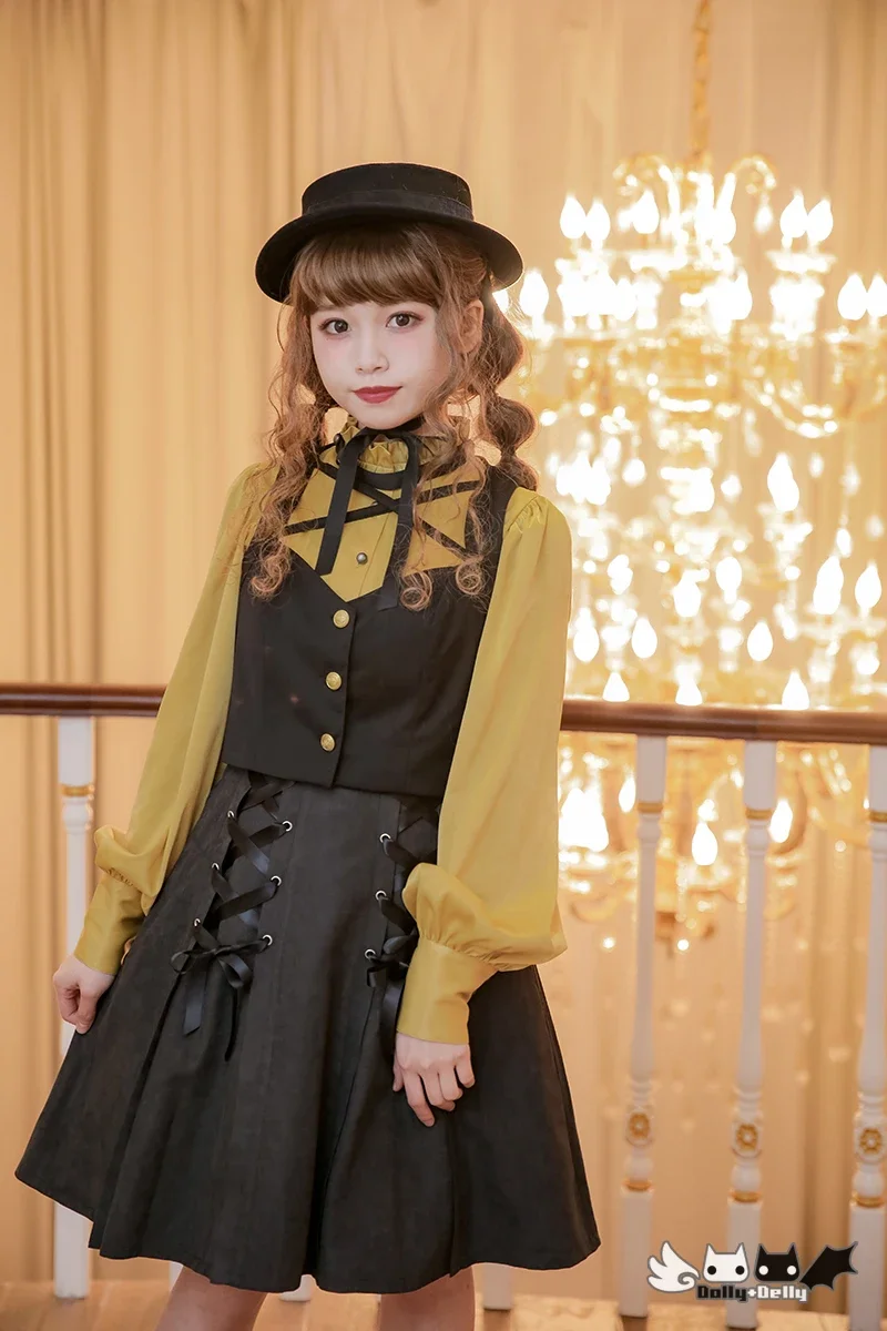 Original Sweet Yellow Glossy Long Sleeve Shirt Female 2023 Fall New Lolita Single Breasted Stand Collar Blouse for Women Fashion