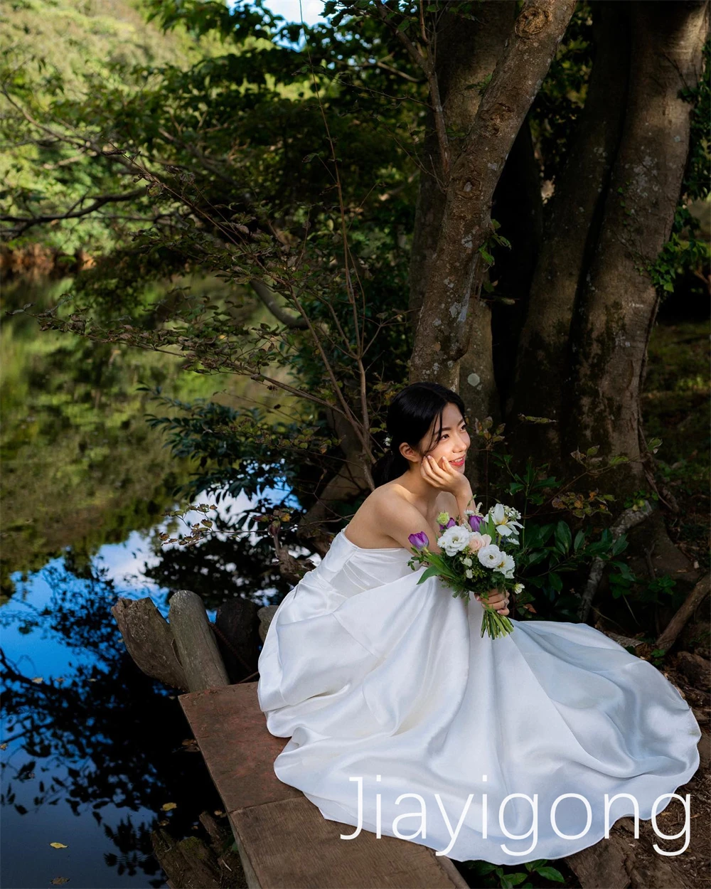 Personalizado Corea exquisito A-line fiesta de boda espalda abierta tul Organza gasa hasta el suelo cepillo de barrido personalizado