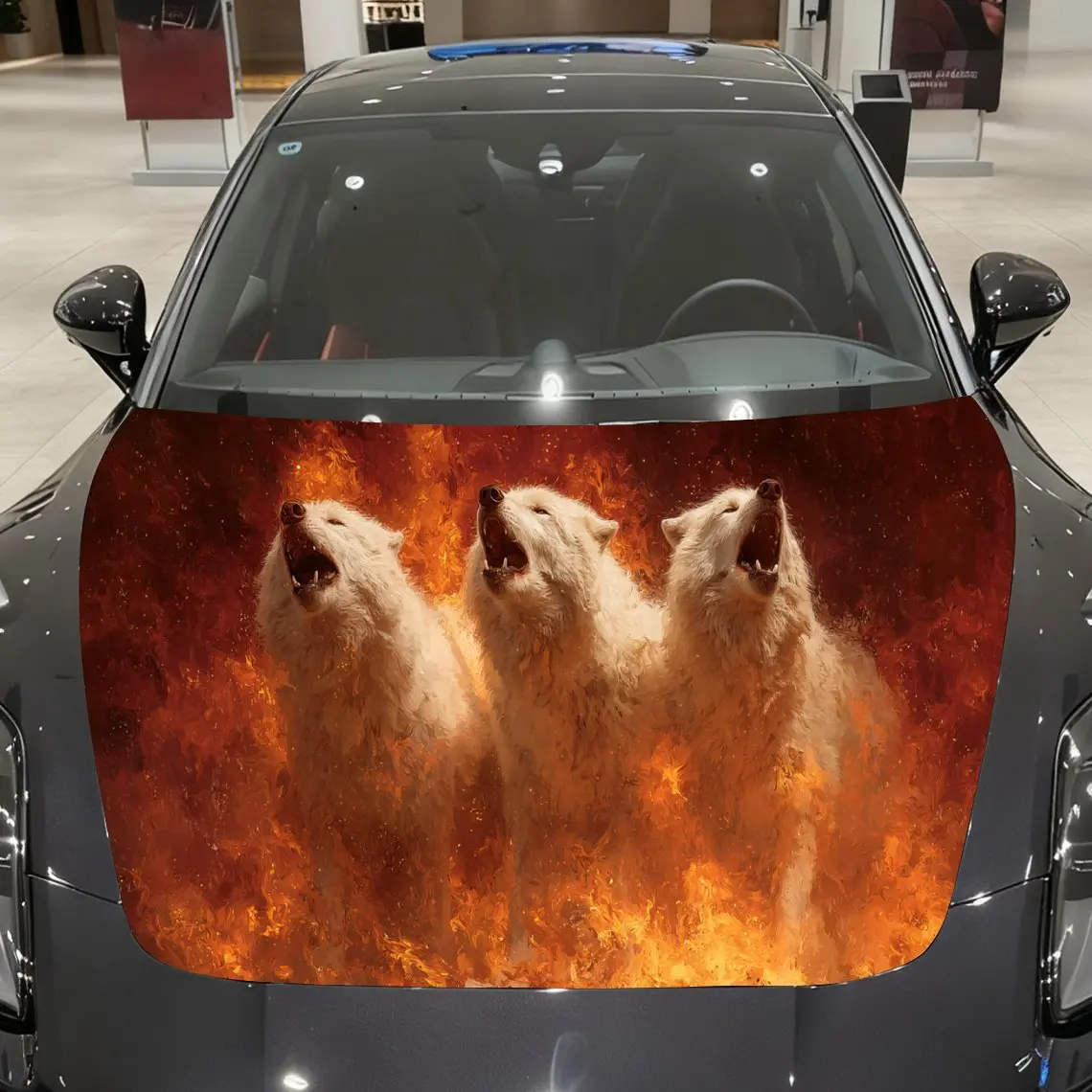 

Flaming Wolf Trio Auto Cover Sticker, Waterproof and Self-adhesive Auto Hood Decal, Auto Vinyl Wraps, Cool Car Exterior Decal, H