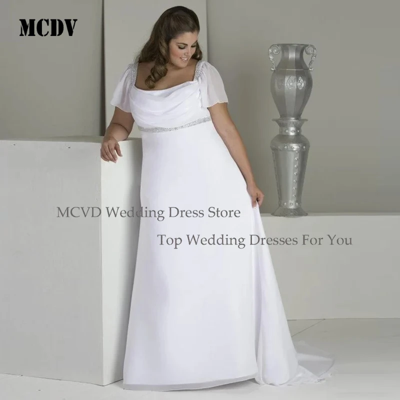 

MCDV Square Neck Plus Size Wedding Dress Short Sleeves Beading Sequins Chiffon Beach Bridal Gown