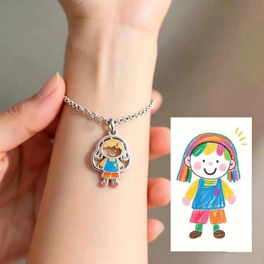 Custom Colorful Kids Drawing Bracelet Personalized Painting Artwork Bracelet Stainless Steel Jewelry Gift For Mom Sister Grandma