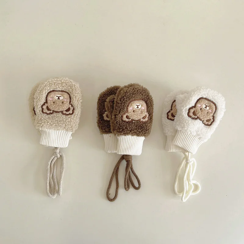 

1-4 Years Winter Soft Berber Fleece Full Finger Baby Gloves Cartoon Bear Thicken Warm Kids Glove Outdoor Toddler Mittens