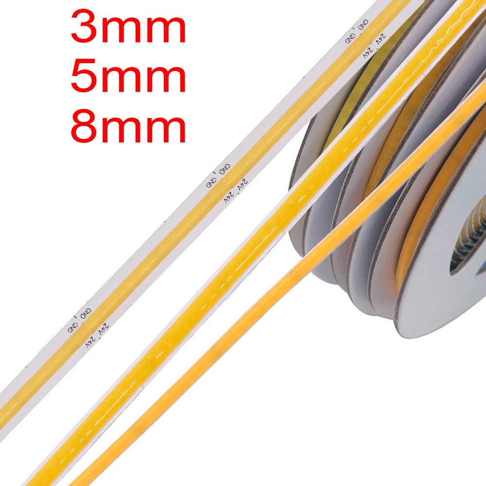 3mm 5mm PCB COB LED Strip Ultra Thin 12V 24V 8MM Tape Light With DC Plug/ 2pin Wire Dimmable Linear Lighting High Density Lamp