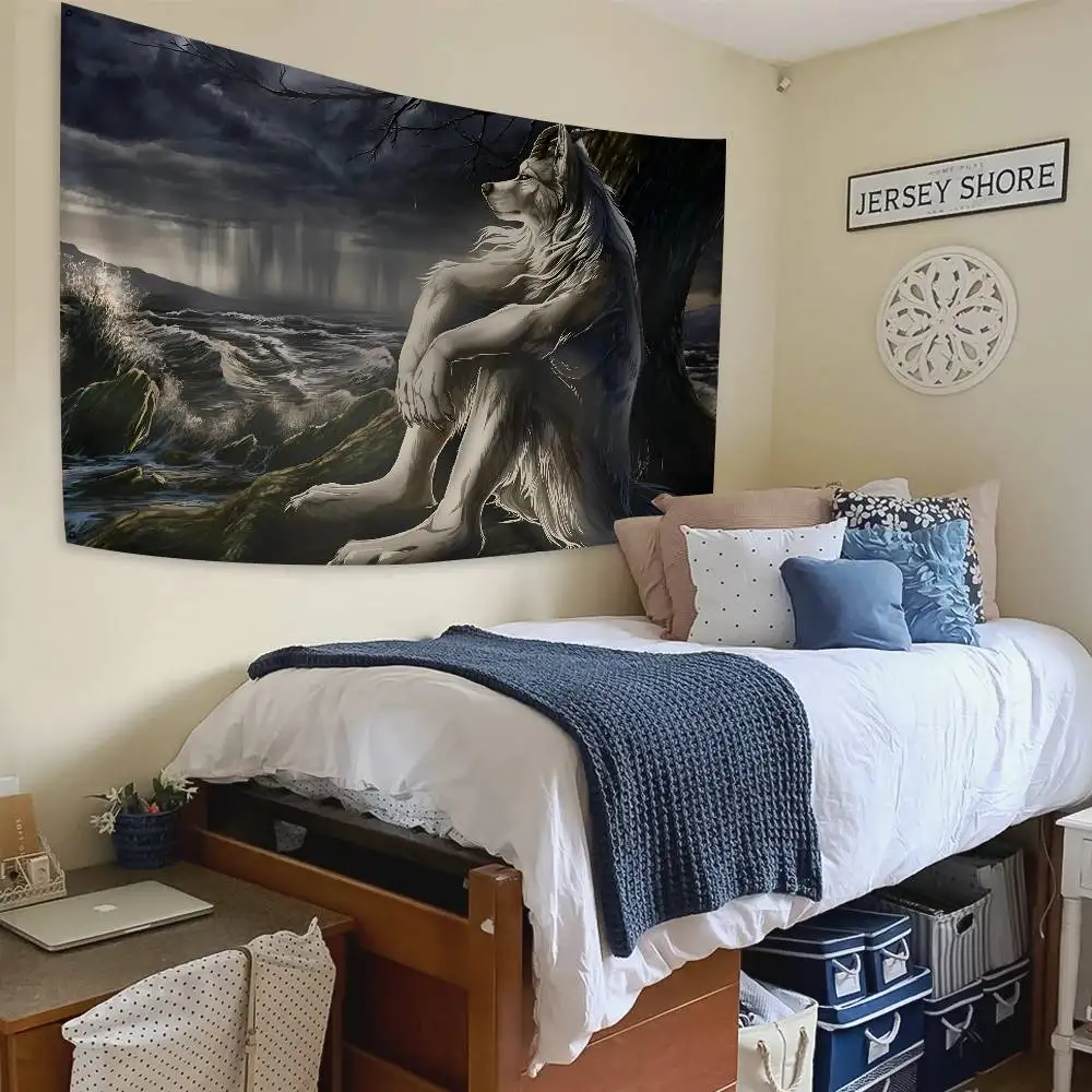 Funny Emo White Wolf Sitting Meme Flag Banners Four Hole Flag Polyester Outdoor Decor Room Aesthetic