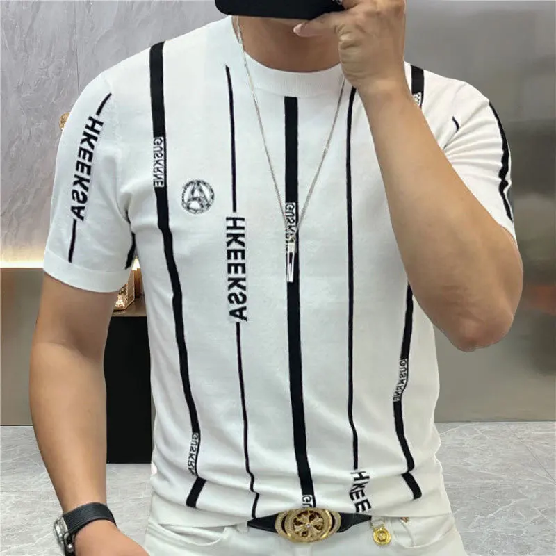 2023 Knitting Stripe Round Neck Tee Shirt Summer Top Streetwear Social Club Outfits Slim T Shirt Men Homme Camiseta Masculina