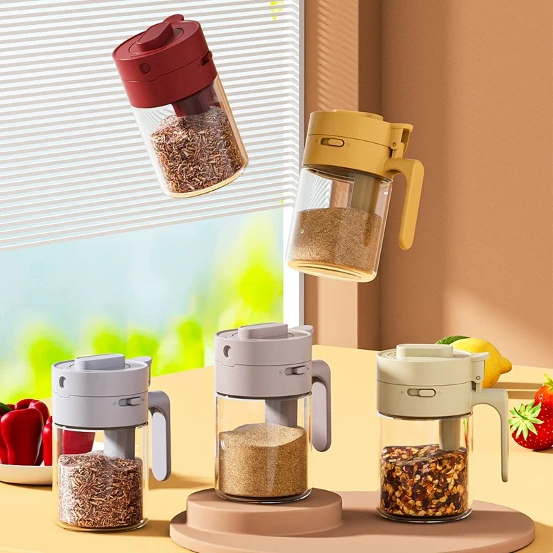 

Household Kitchen Moisture-Proof Seasoning Jar Salt Container 2 in 1 Glass Spice Bottle Spoon Separation Glass Seasoning Can