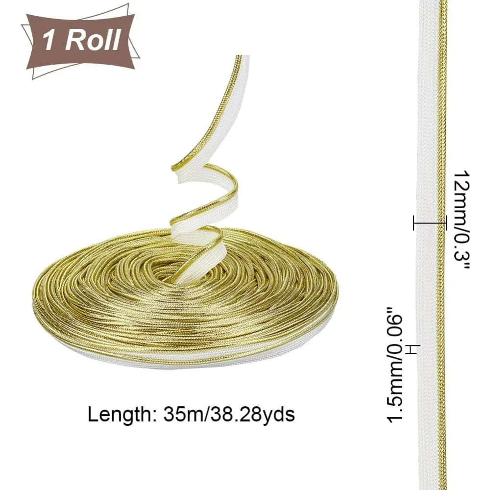 38.3 Yards 1/2 inch Gold Piping Bias Tape with Welting Cord, Cord Trim Ribbon Piping Trim with Metallic Lip Polyester