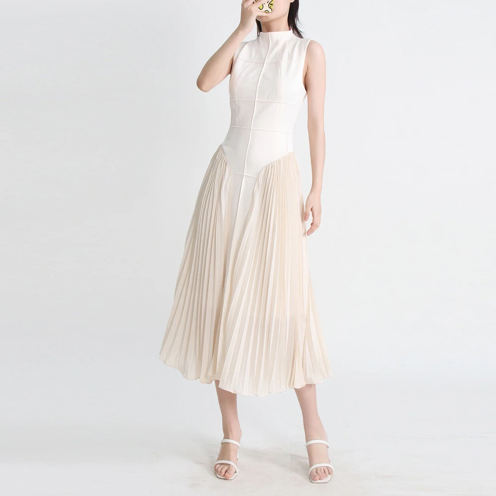 Muloong Beige Mandarin Collar Evening Dress A Line Pleated Haute Couture Dress Tea Length Sleeveless Prom Gown