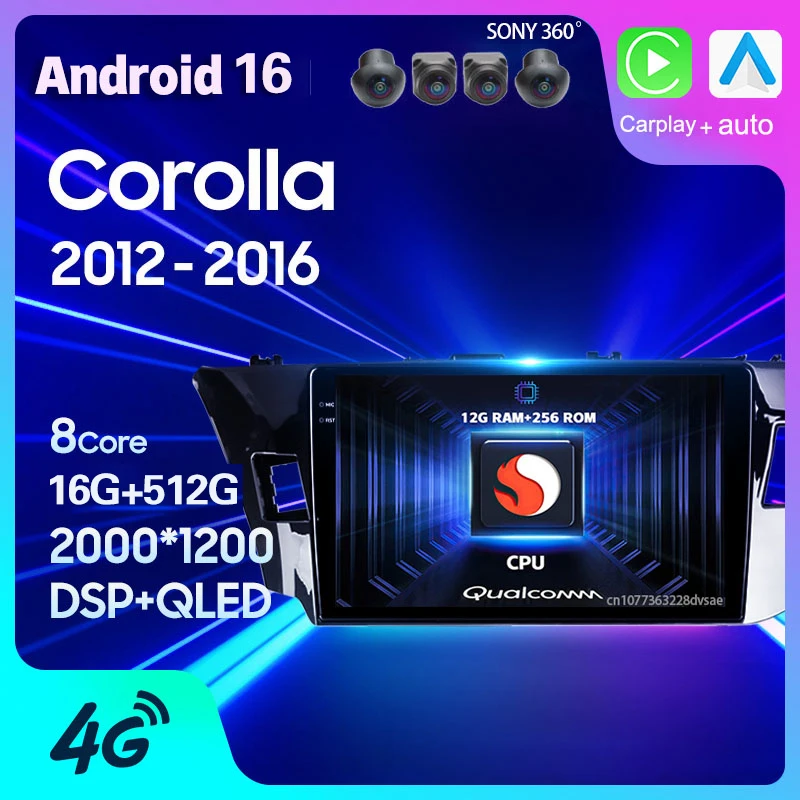 Android 15 Carplay Auto For Toyota Corolla 11 2012 2013 - 2016 Car Radio GPS Multimedia Player 2 Din Head Unit Video DSP Stereo