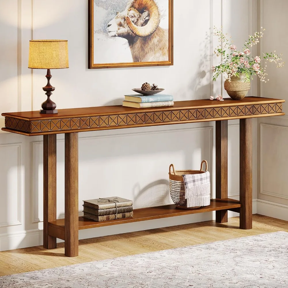 70.9-Inch Solid Wood Extra Long Console Table, Wood Sofa Table Behind Couch Narrow Long, 2-Tier Entryway Accent Table