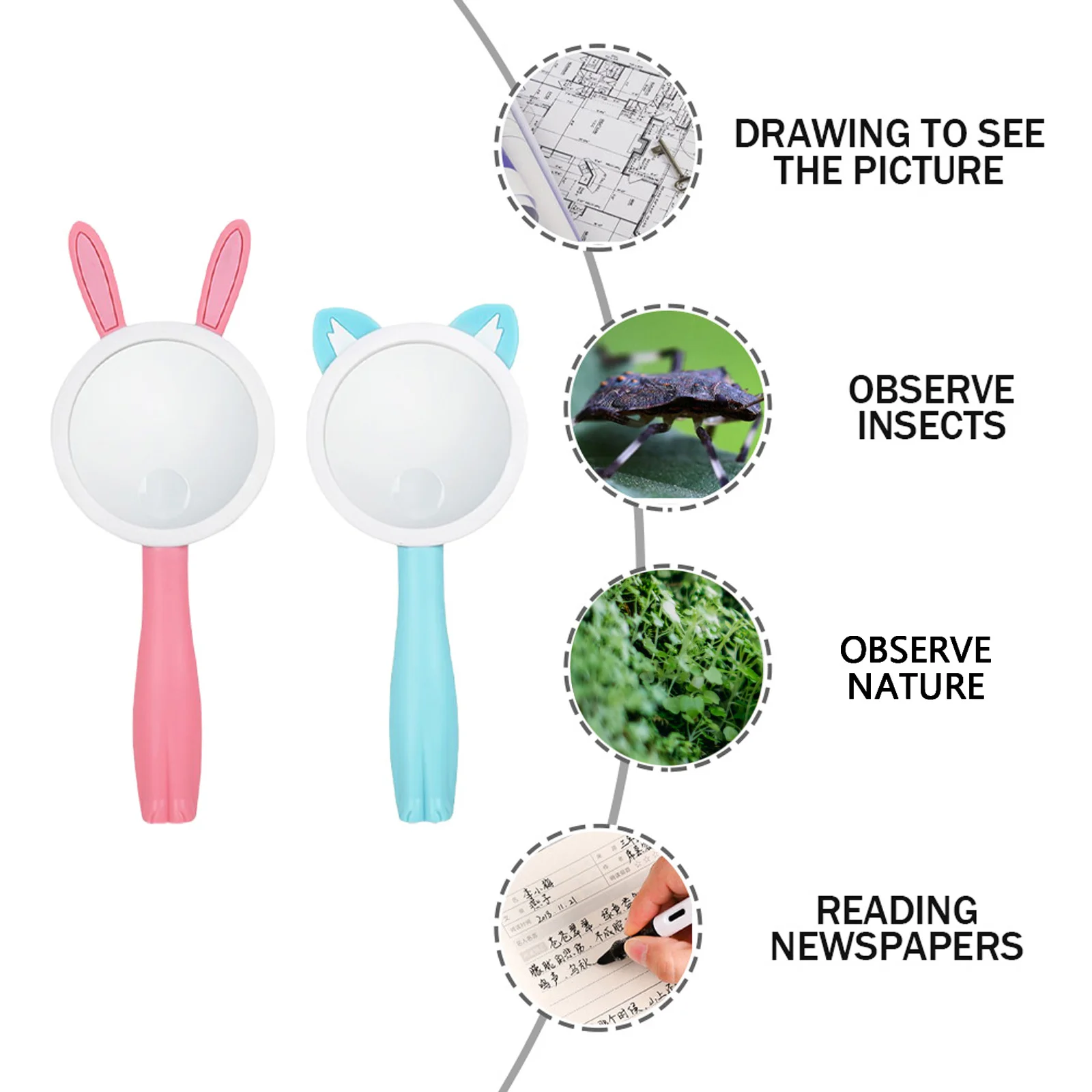 قطعتان من عدسة مكبرة على شكل حيوانات كرتونية محمولة مضادة للسقوط وخفيفة الوزن وصغيرة الحجم للأطفال ومراقبة استكشاف الطبيعة