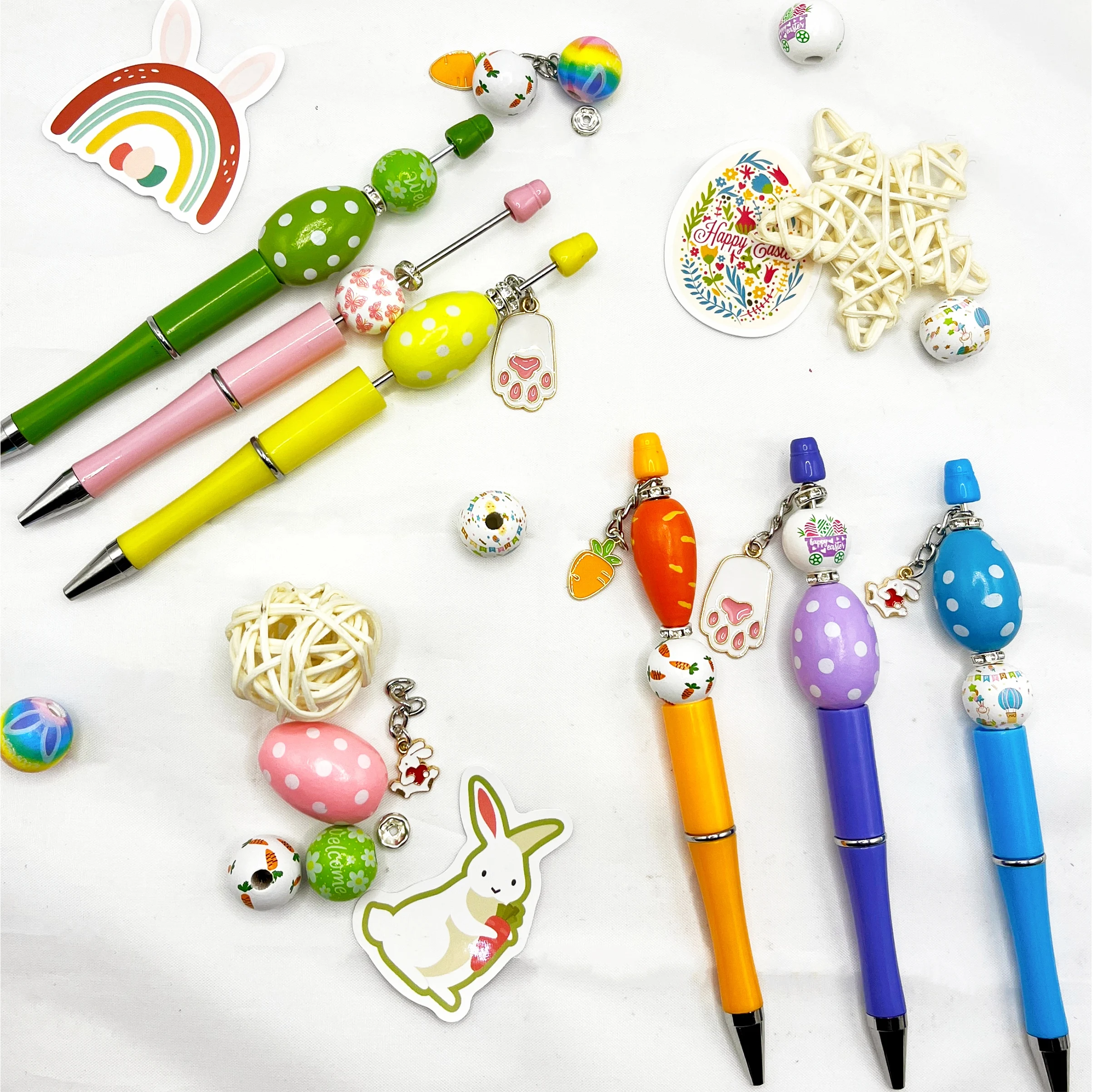 【Easter Egg】6PC Easter Egg Carrot Rabbit Theme DIY Bead Ballpoint Pen And Wooden Pendant Set, Office And Study Supply