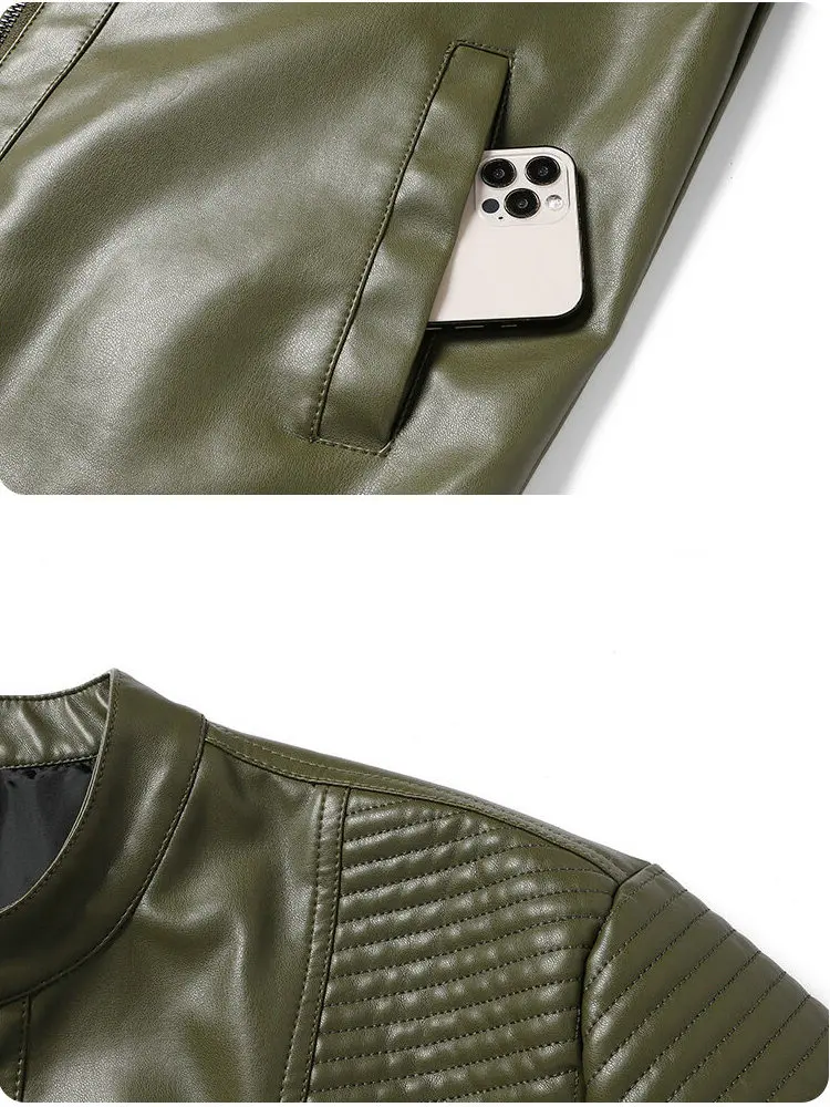 2025 الرجال دراجة نارية و السائق جودة عالية لينة فو سترات من الجلد الذكور الشرير الجيش الأخضر بولي PU سستة كول يندبروف الشارع معاطف #4