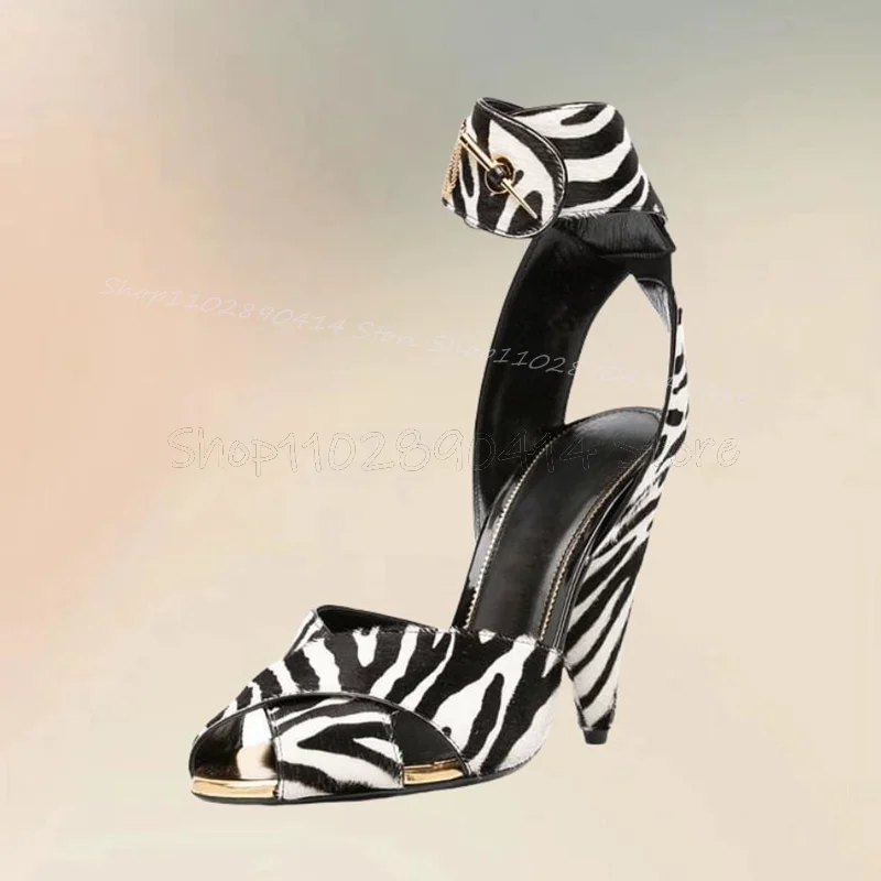 

Zebra Print Strange Style Heels Peep Toe Sandals Buckle Strap Women Shoes Fashion Party Banquet Runway 2024 Zapatos Para Mujere