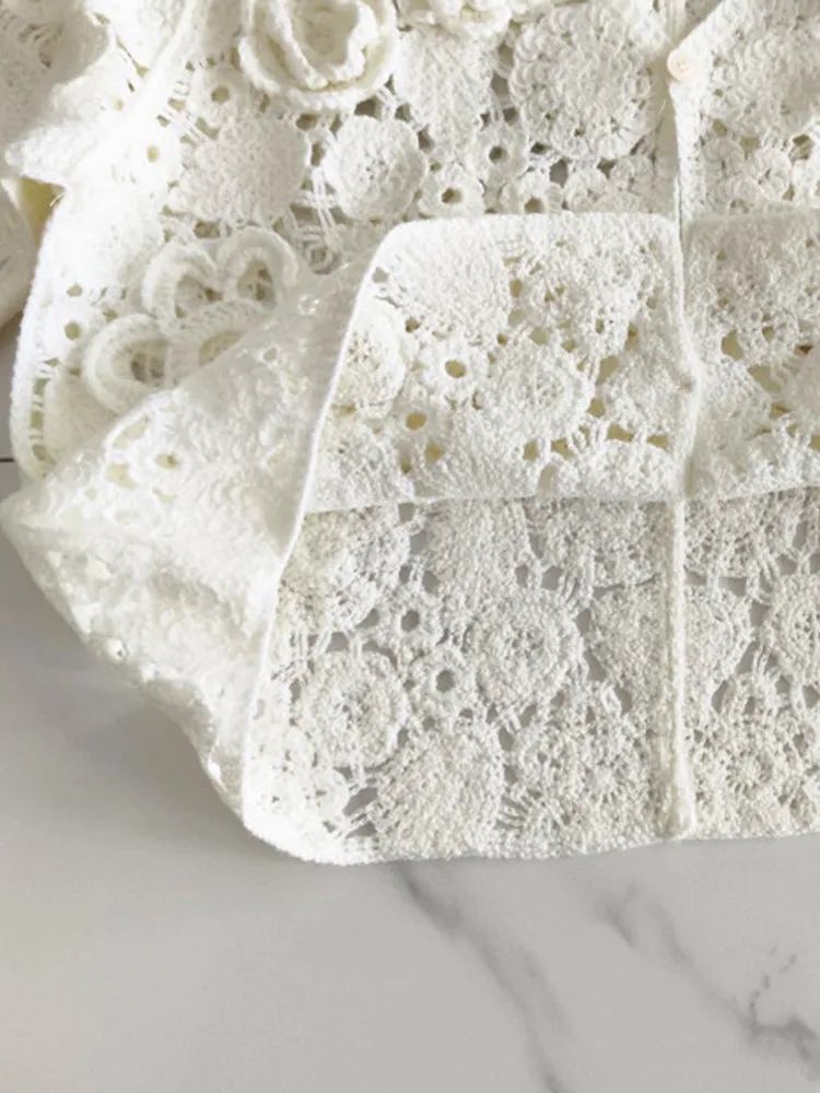 2025 New Style Summer Fashion Women Easy Matching Knitted Shirts Thin V-Neck Hollow Out Crochet Flower Sweet Short Cardigan Tops