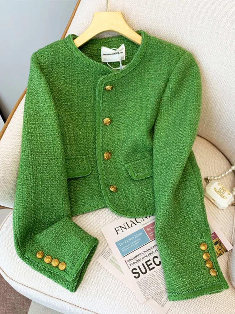 Korean Fashion Small Fragrance Tweed Jacket Women Elegant Green Round Neck Short Coat Autumn Single Breasted Office Lady Outwear