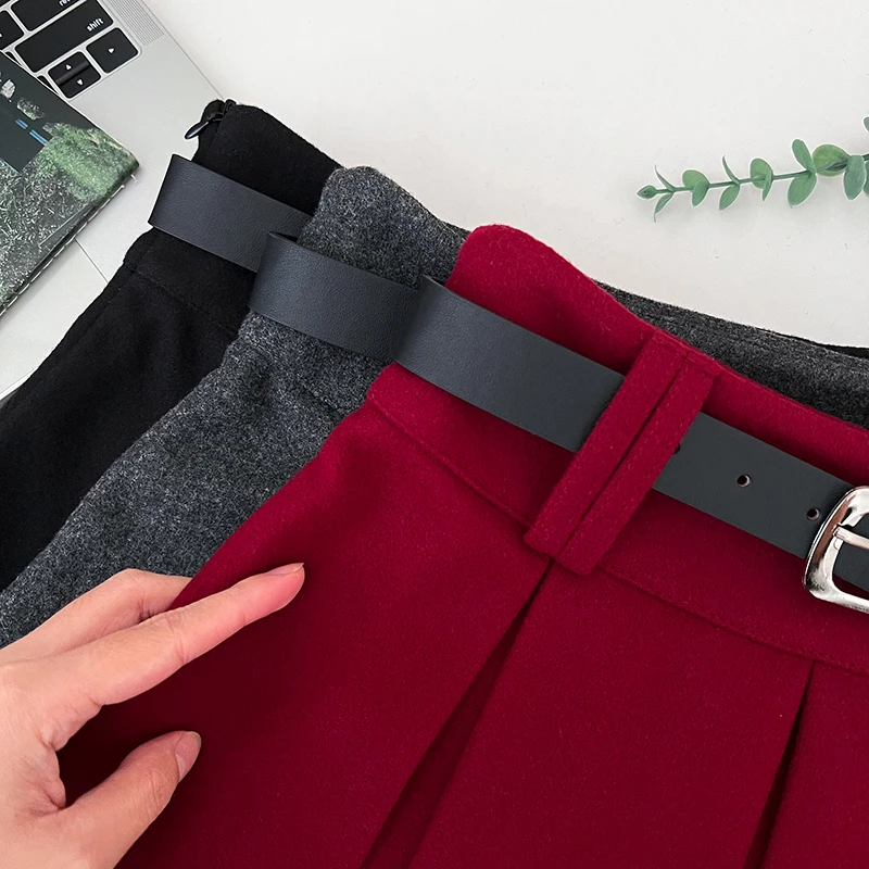 レッドウールプリーツショートスカート レディース 秋冬 ハイウエスト スリム 厚手 ハーフスカート 反射防止 Aラインスカート ベルト付き