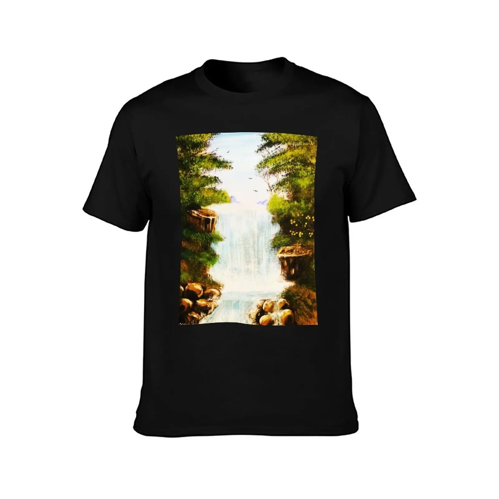 Serene Waterfall T-Shirt, Summer Casual Cotton Tee, Oversized Streetwear Tops, Vintage Graphic Print, Loose Fit Short Sleeve