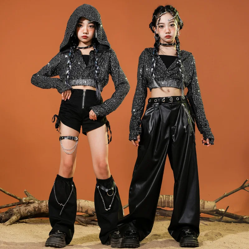 Trajes de dança jazz das crianças menina preto e prata lantejoulas passarela trajes de dança jazz das crianças trajes de dança de rua feminino