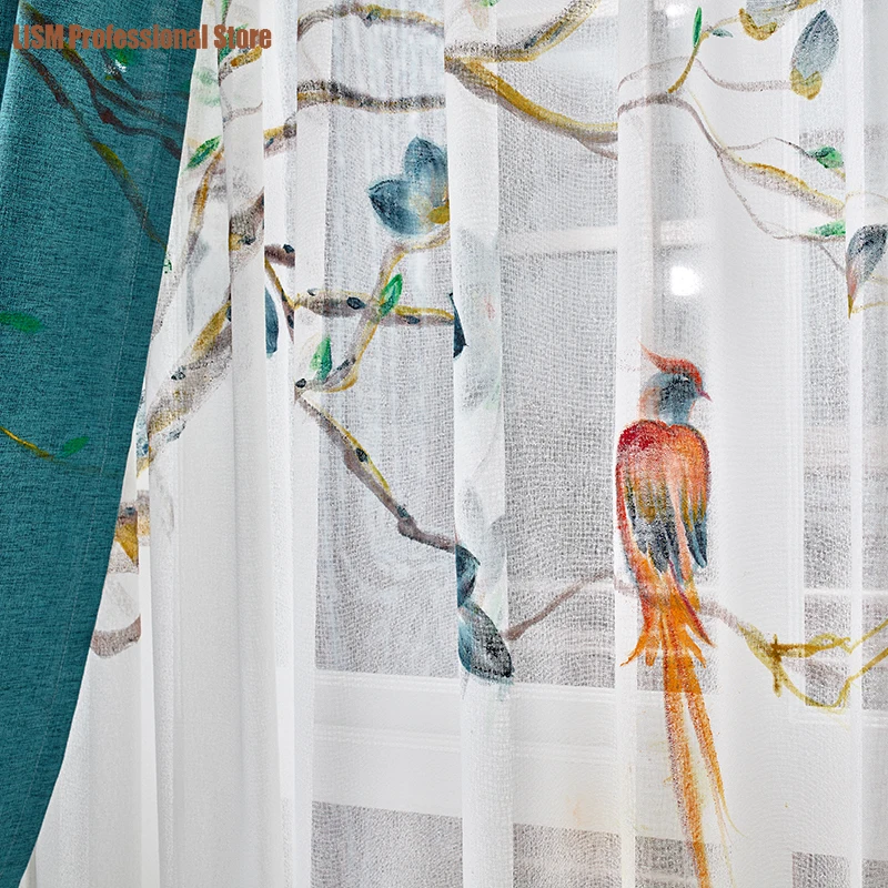 New Chinese Classical Hand-painted Magnolia Flowers and Birds Cotton and Linen Curtains for Living Room Bedroom Finished Custom