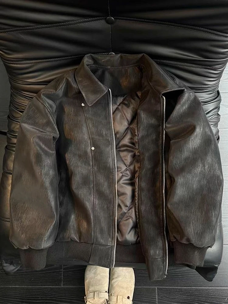 

Bla Rivet Dyed PU Leather Flight Jaet Cotton Coat Men's Winter Cotton Lined ort Sle Lapel Leather Outerwear