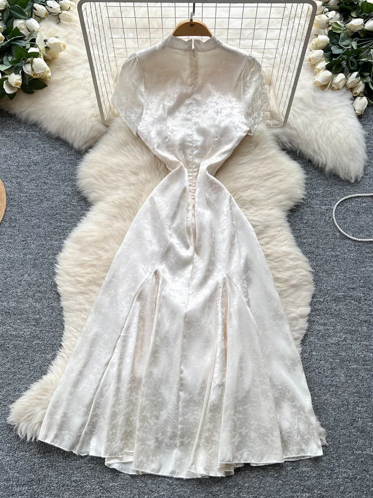 新しい中国風半袖ウエスト締めシルクサテンチャイナドレスハイウエスト A ライン夏通勤ファッションレトロな襟