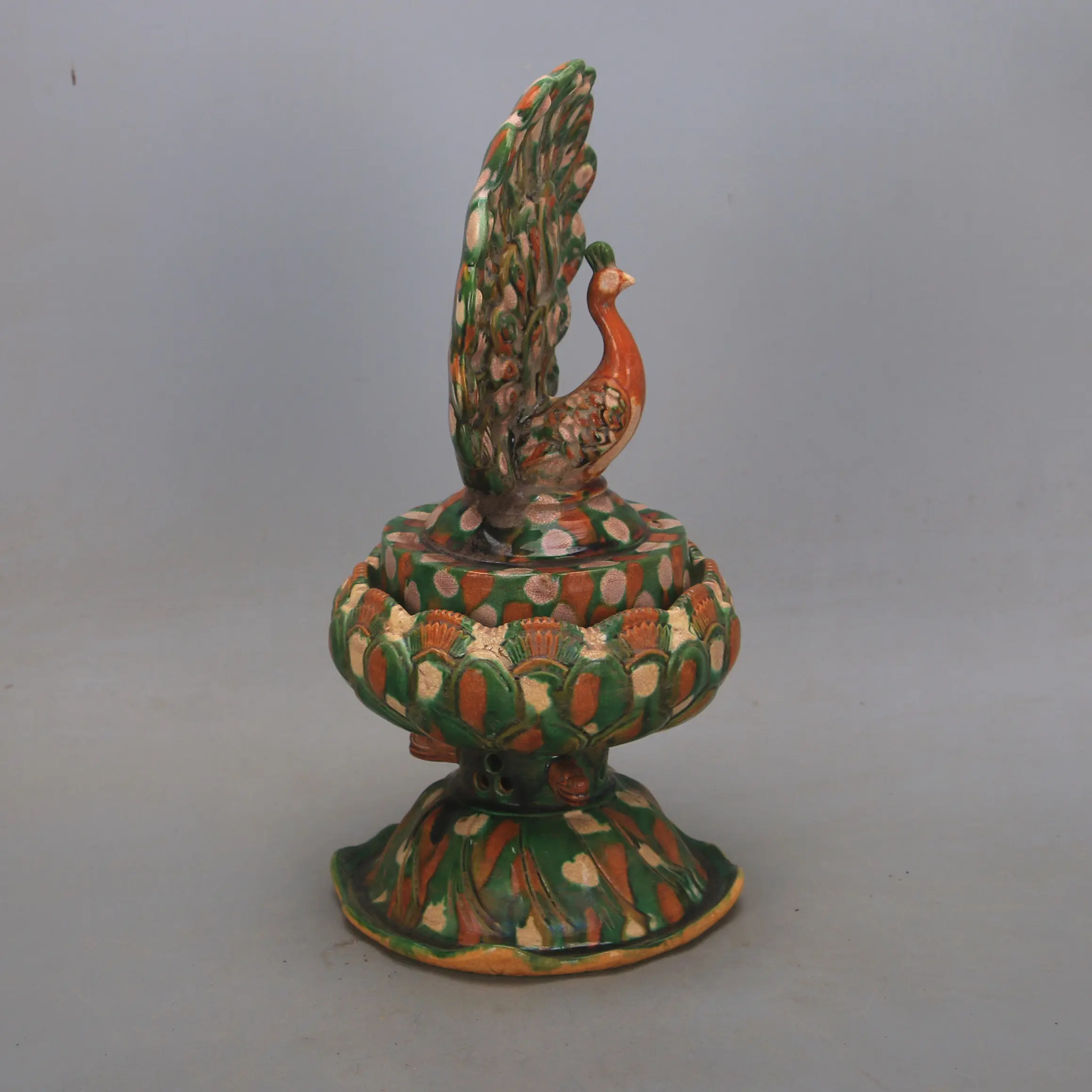 Incense Burner Tang Sancai Hand Pinched Openwork Peacock Antique Style Porcelain Collection Decor