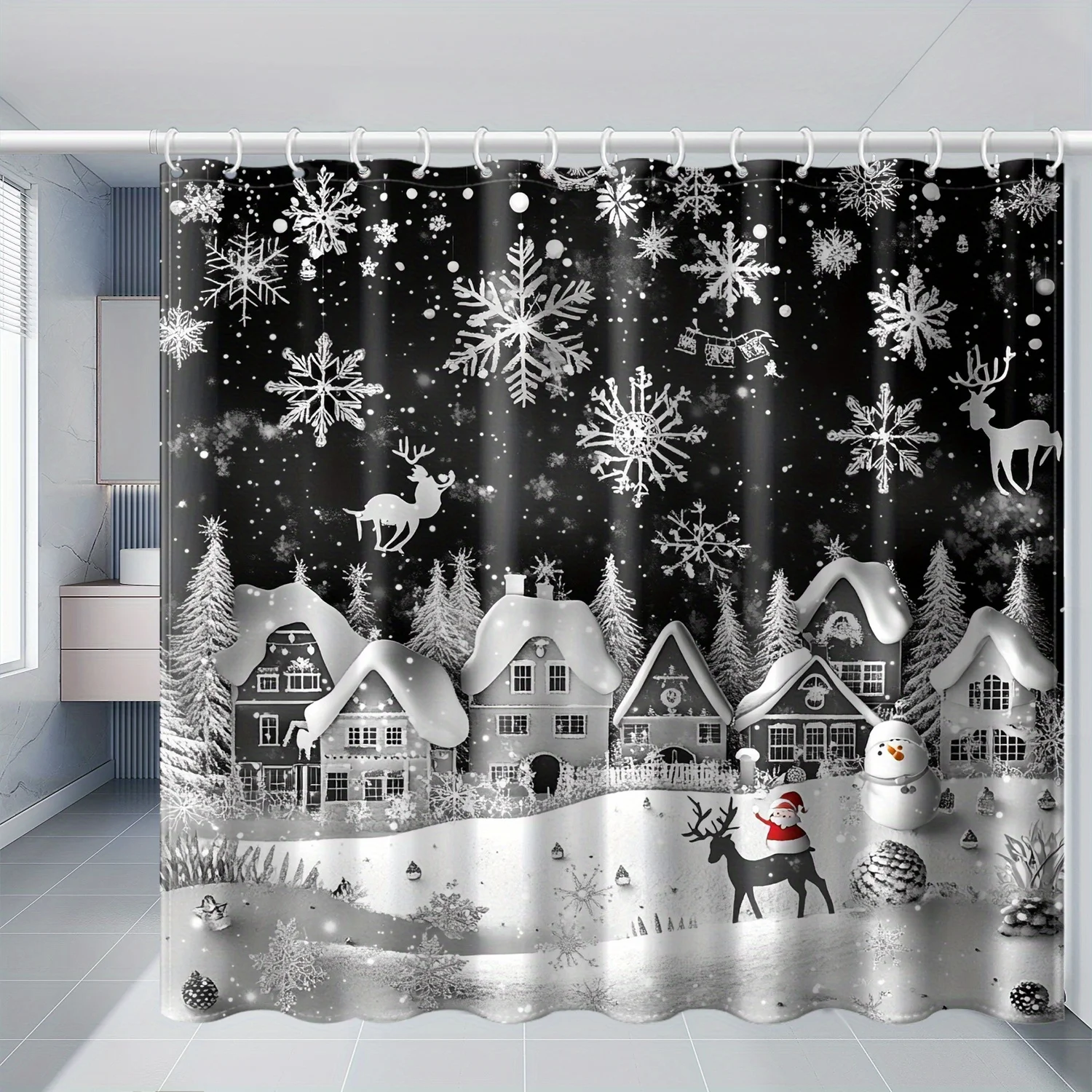 1pc Black and White Christmas Snow Scene Printed Shower Curtain, Creating a Classic Western Holiday Atmosphere Bathroom Home Dec