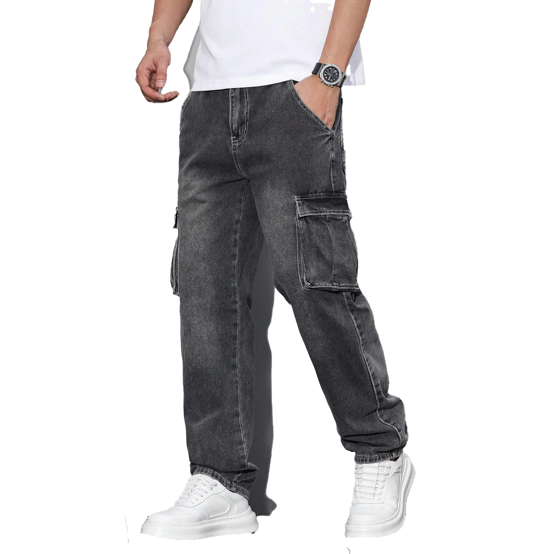 Men's New Light Blue Big Pockets Elastic Cuffed Denim Pants Retro Baggy Jeans For Men