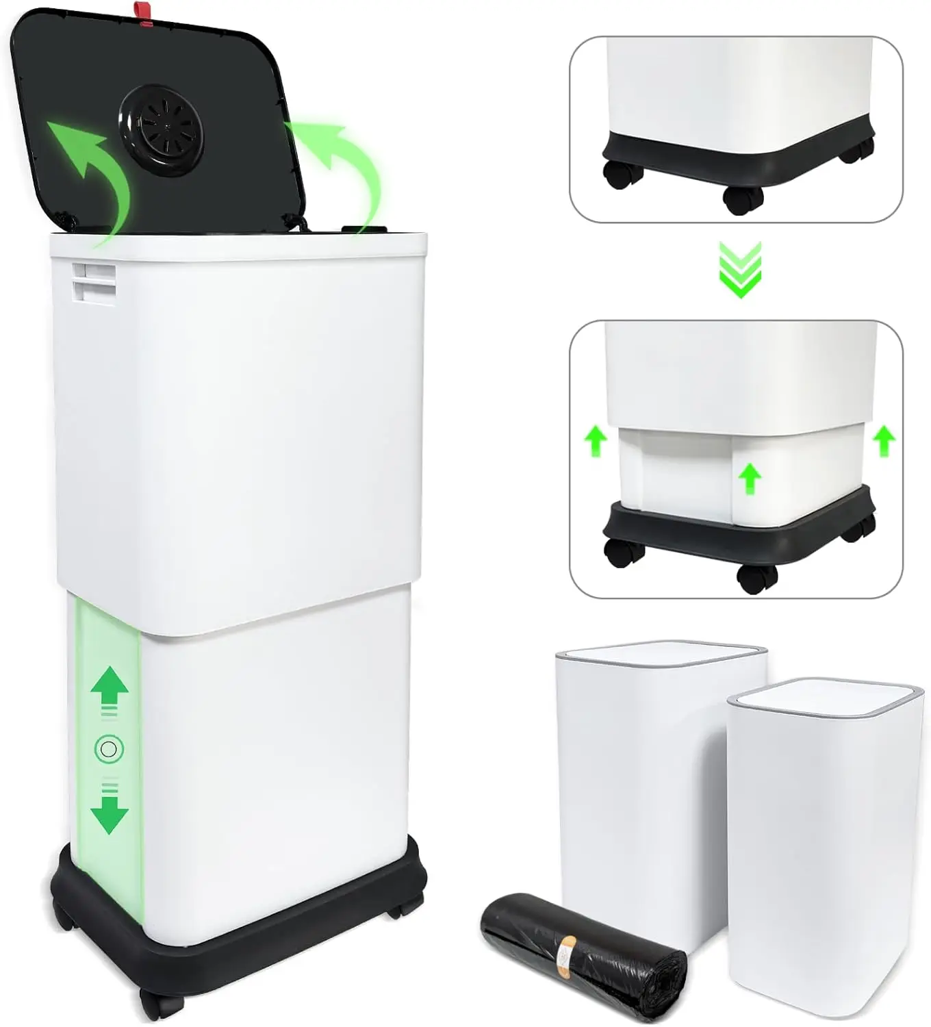 

Adjustable 13 Gallon Trash Can with Lid and Wheels, Includes Two Small Bins and Garbage Bags for Kitchen, Bathroom, Office