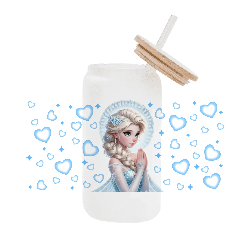 Disney Princess Frozen Elsa e Anna per Libbey 16oz Can Glass 3D Waterproof UV DTF Coffee Can Wrap Libbey Glass Wrap