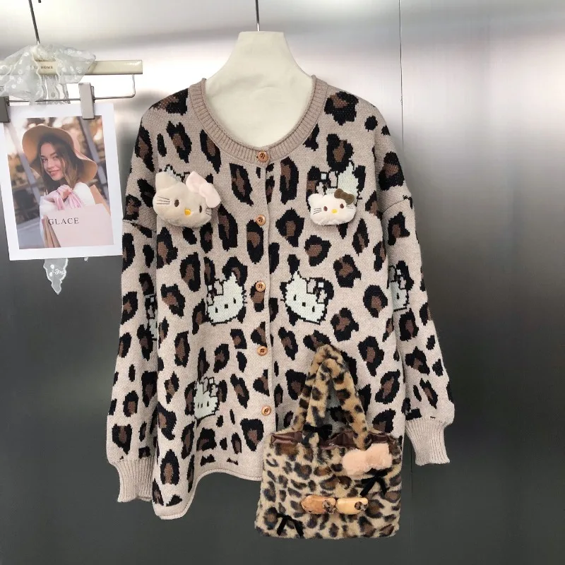 Style coréen rétro léopard Jacquard élégant tricots couleur-bloc col rond jeune pull ample Cardigan avec sac pour les femmes
