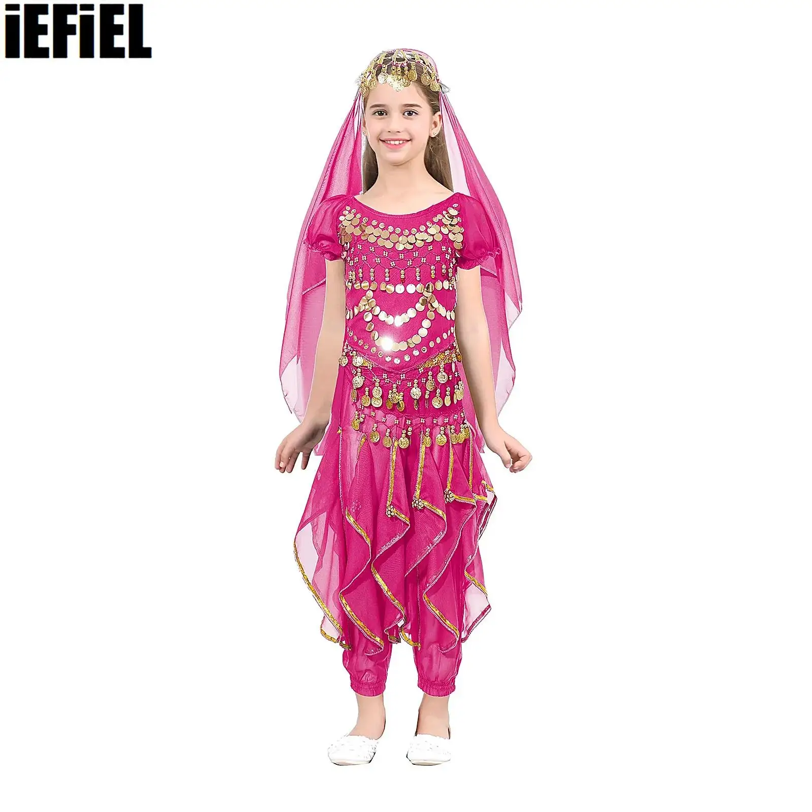 

Kid Girls Belly Dance Outfit Lace-up Back Puff Sleeve Crop Top Ruffled Pants Hip Scarf Headscarf for Performance