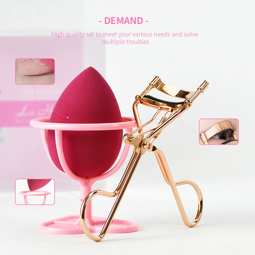 3 PCS Set Long Lasting Rose Gold Eyelash Curler Latex Free Beauty Egg Makeup Powder Puff with Blender Sponge Holder