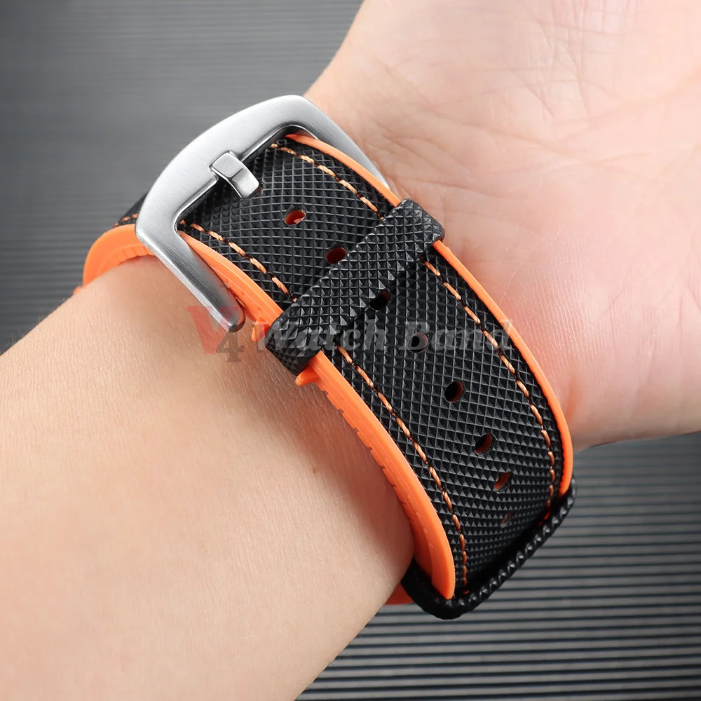 18/19/20/21/22/24mm Nylon-Segeltuch-Gummi-Hybrid-Uhrenarmband für Herren und Damen, Silikon, wasserdicht, orange-blaue Armbänder – Detail 16