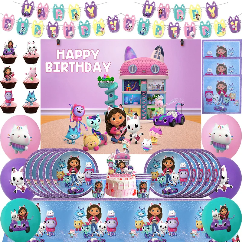 Gabby Dollhouse Decorations Birthday Party Supplies Set Cups Plates Tablecloth Balloon Bracelet For Kid Baby Shower Party Favors