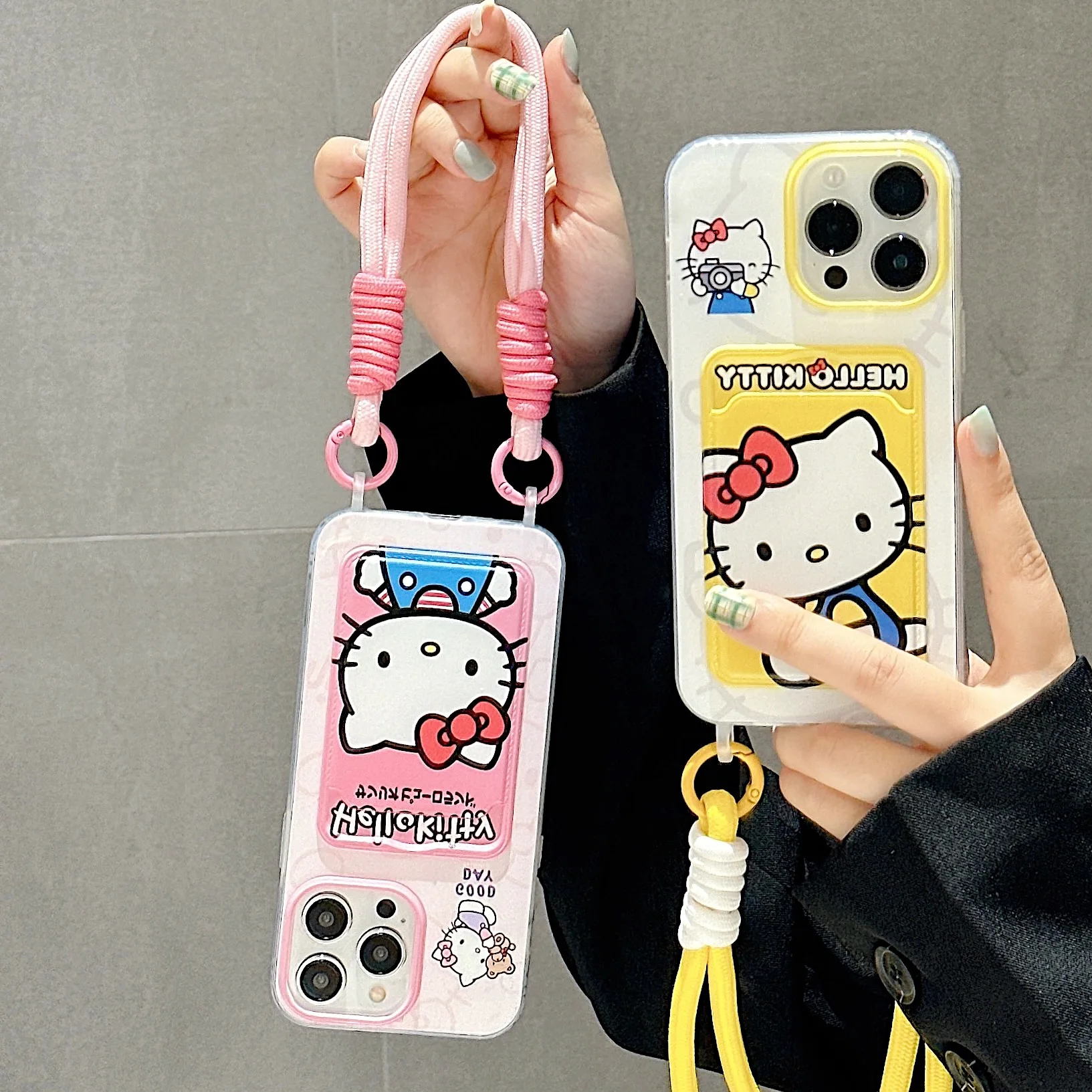 Sanrio Cute Hello Kitty Kuromi Wallet Card Holder Pocket Phone Case With Hand Strap Lanyard For iPhone 16 15 14 13 12 11 Pro Max