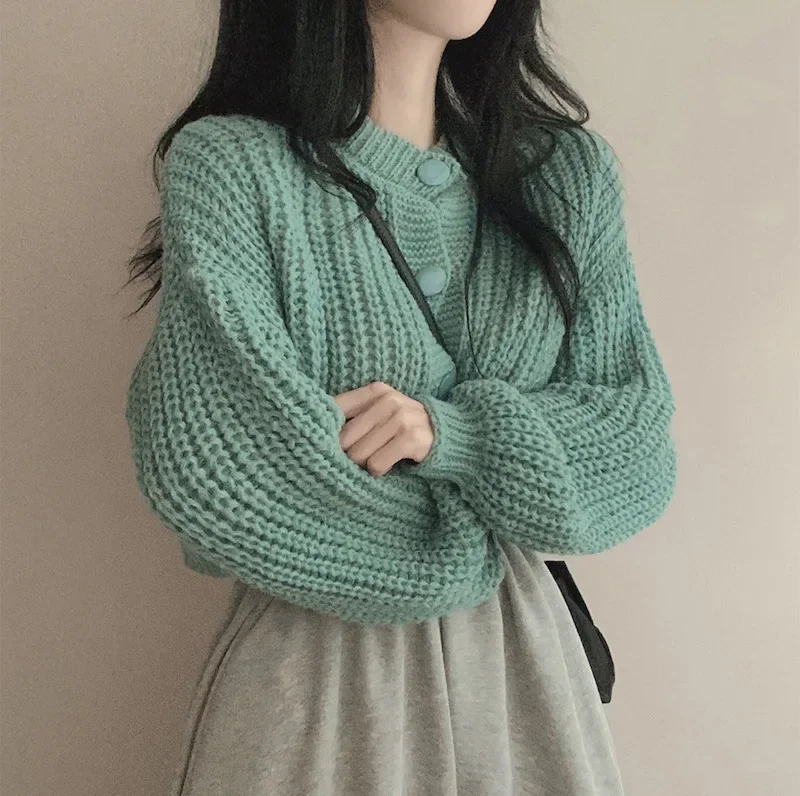 Solid Color Simple Style Knitted Short Jacket Sweater Cross-Border Amazon Foreign Trade Slim Button Knit Women's Cardigan