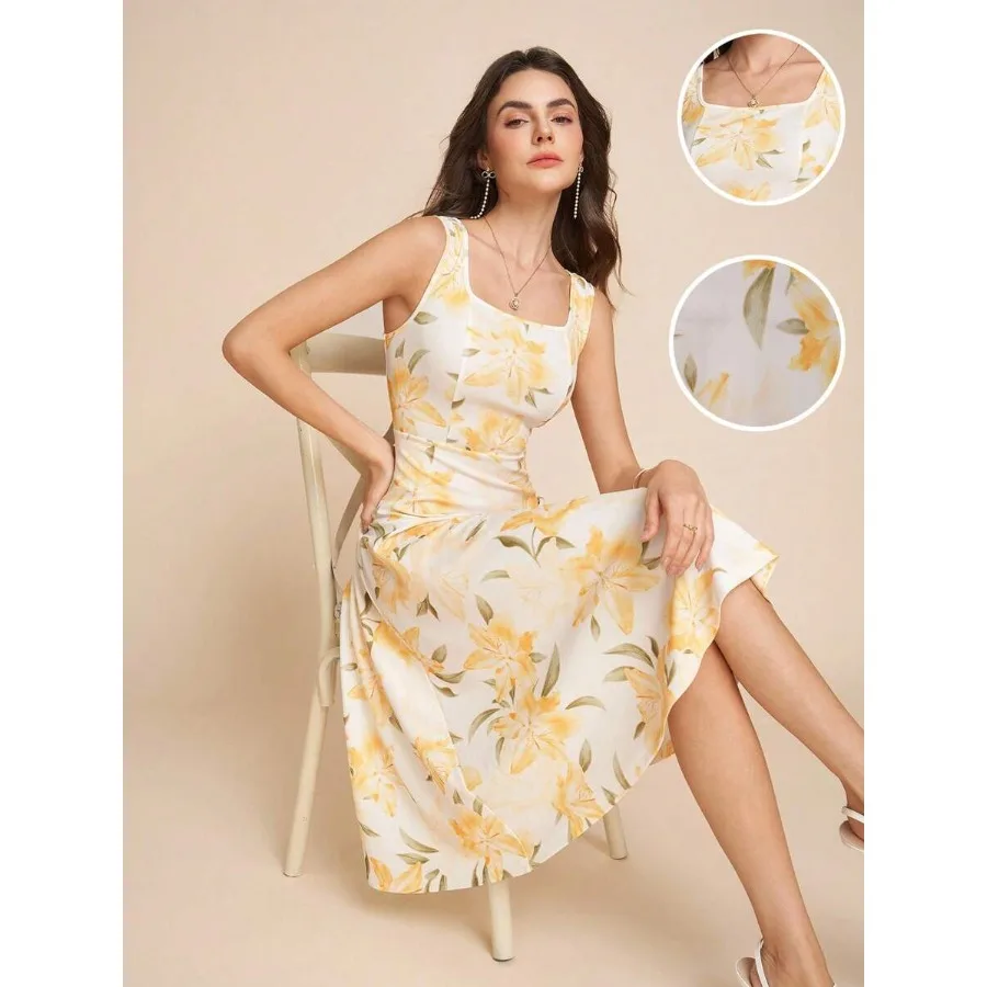 Amorya Women Floral Print A-Line Dress Summer Style