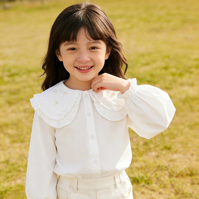 2026 Girls Spring Autumn Shirt Korean Stylish Long Sleeve White Shirt Kids Medium Large Double Layer Doll Collar Base Layer Top