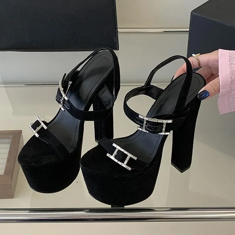 

Aneikeh Fashion Black Sexy Rhinestone Buckle Strap Women Platform Sandals Sexy Uper High Heels Nightclub Prom Summer Shoes