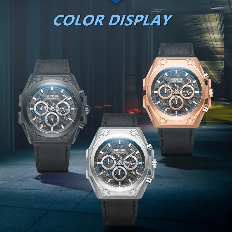 MEGIR Fashion Multifunctional Quartz Watch Men Leather Strap Sports Military Wristwatch Waterproof Luminous Chronograph Clock